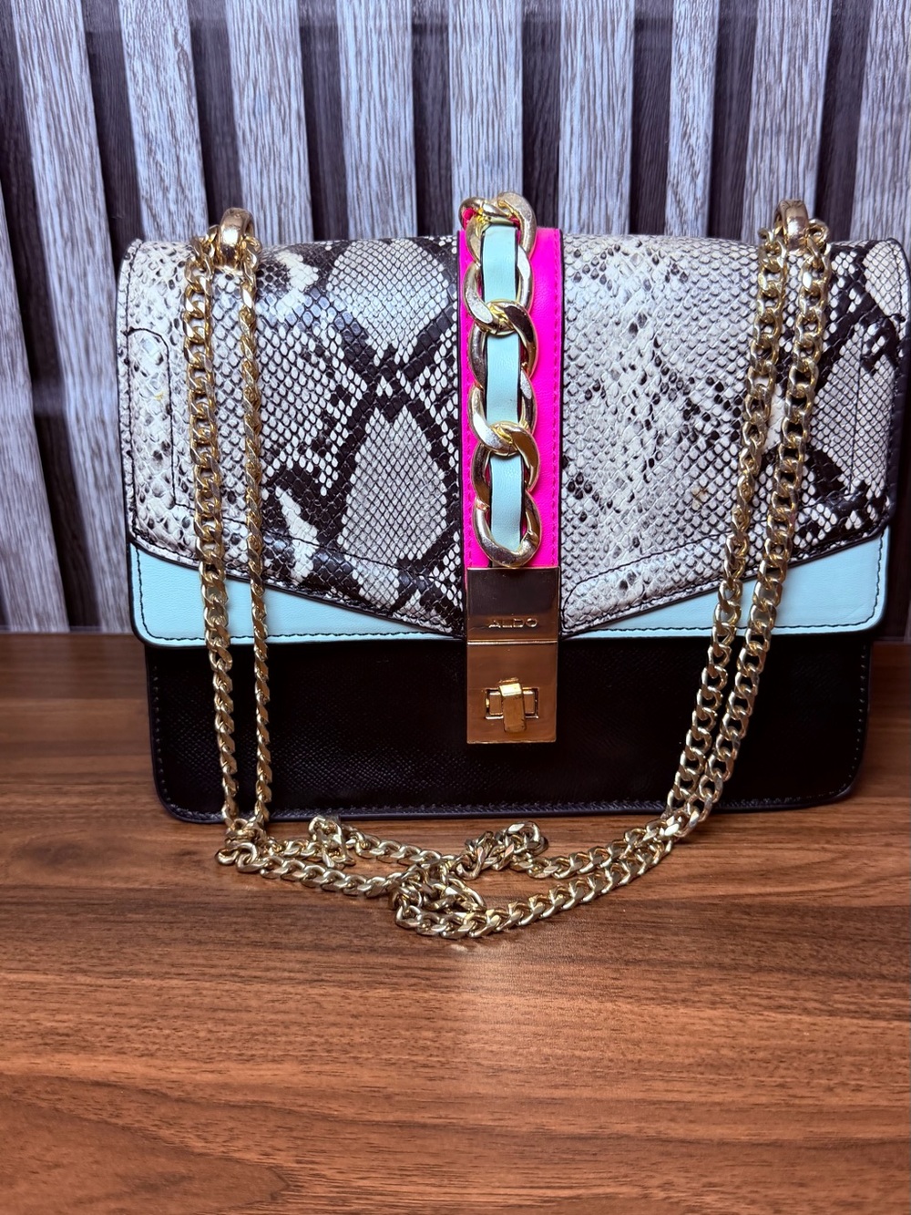 Aldo Snake-Print Shoulder Bag with Pink & Light Blue Accents